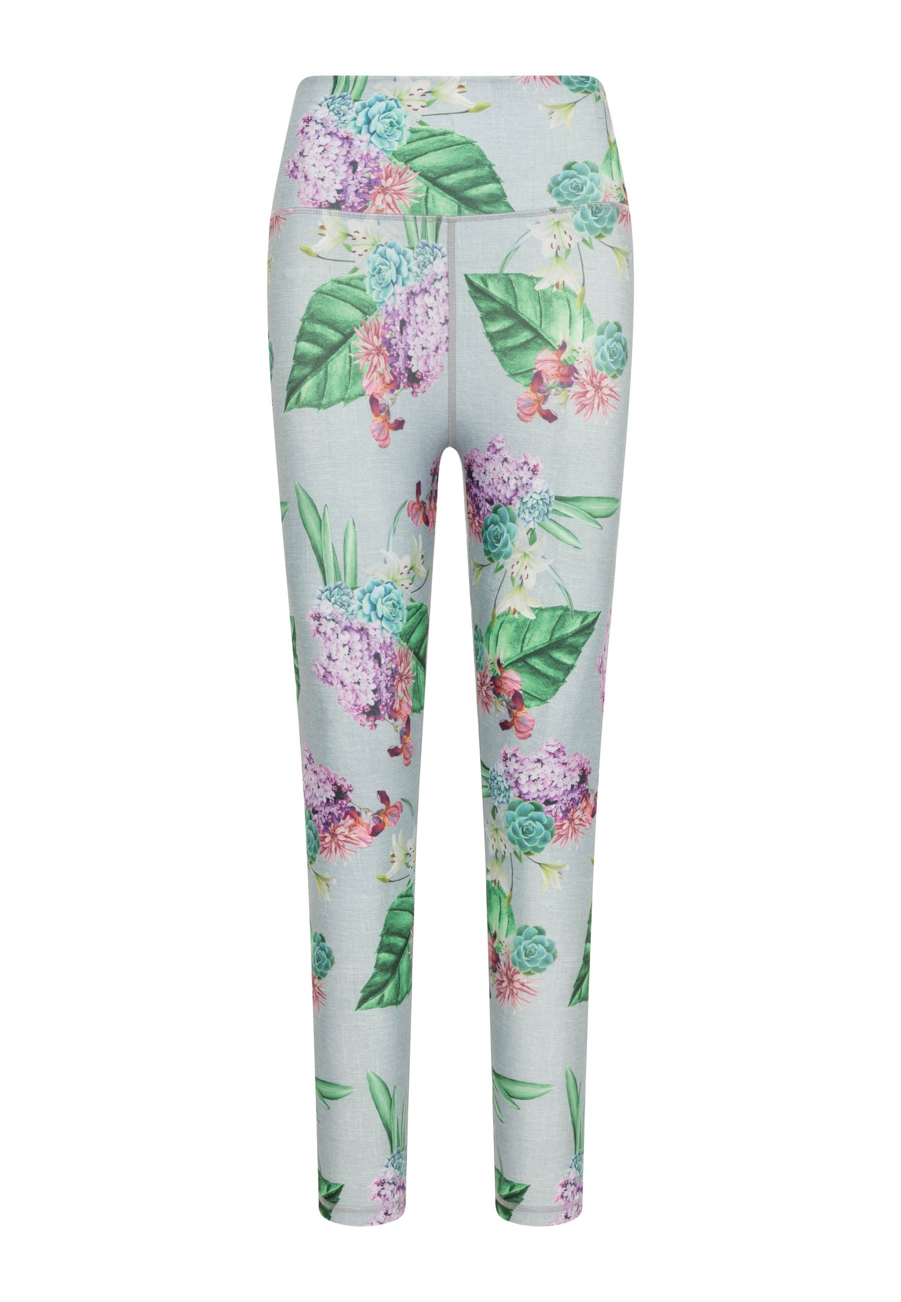 1081 Extra High Waist Leggings von Lismina mit grünen Blättern und lila Blumen auf Hellgrau.
